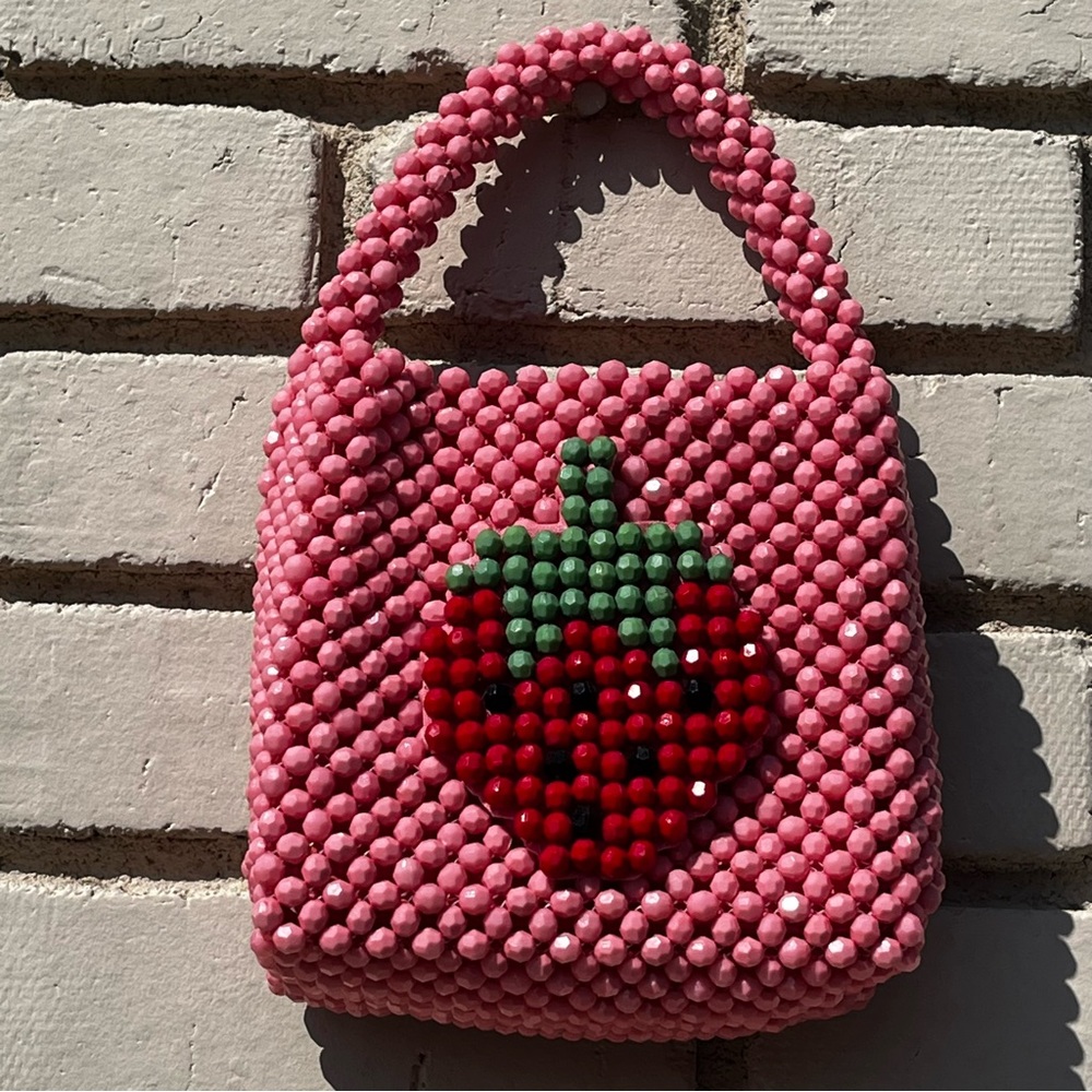 Strawberry Pink Beaded Mini Bag with Strawberry Design